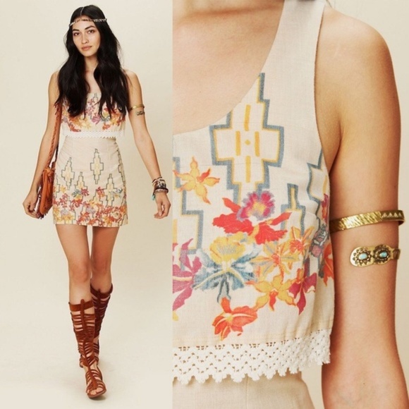Free People Dresses & Skirts - Free People Aztec Floral Gold Lame Mini Sundress